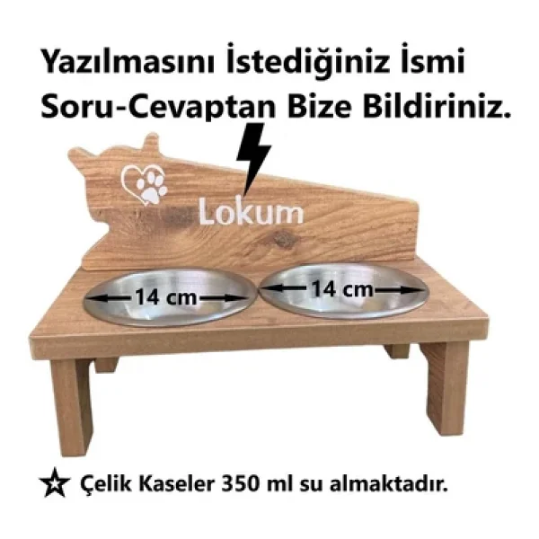 RealWood Özel İsim Baskılı, Ahşap, Çelik Kaseli Kedi- Küçük Irk Köpek Mama Ve Su Kabı Stantı - Görsel 7