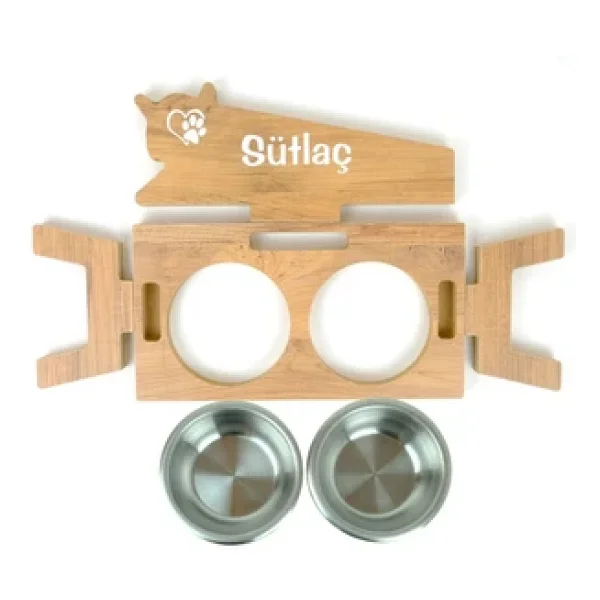RealWood Özel İsim Baskılı, Ahşap, Çelik Kaseli Kedi- Küçük Irk Köpek Mama Ve Su Kabı Stantı - Görsel 6