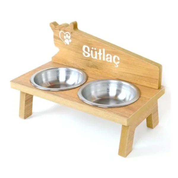 RealWood Özel İsim Baskılı, Ahşap, Çelik Kaseli Kedi- Küçük Irk Köpek Mama Ve Su Kabı Stantı - Görsel 5