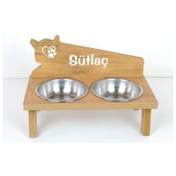 RealWood Özel İsim Baskılı, Ahşap, Çelik Kaseli Kedi- Küçük Irk Köpek Mama Ve Su Kabı Stantı - Görsel 3