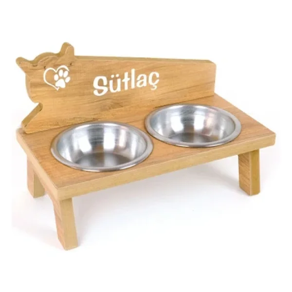 RealWood Özel İsim Baskılı, Ahşap, Çelik Kaseli Kedi- Küçük Irk Köpek Mama Ve Su Kabı Stantı - Görsel 4
