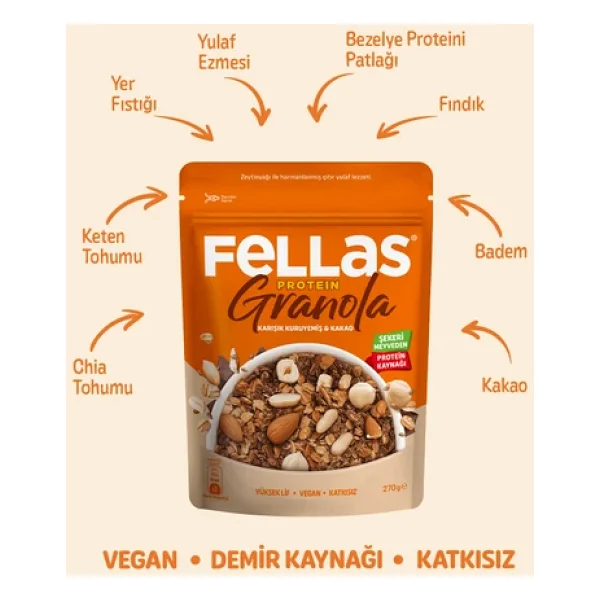 Fellas Protein Granola - Karışık Kuruyemiş & Kakao 270 G - 3'lü Paket - Görsel 4