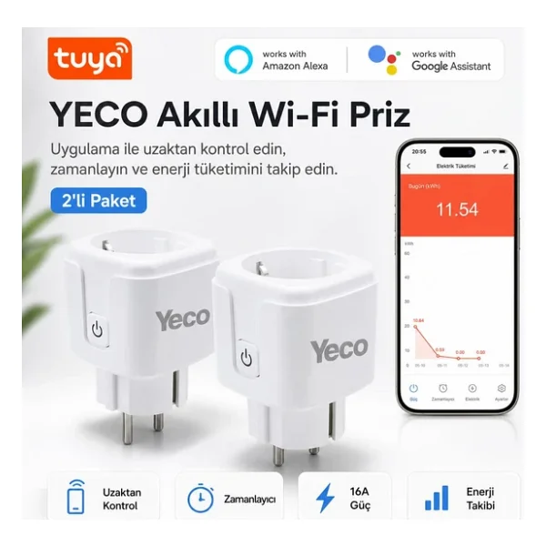 Yeco SP-16 Wi-Fi 2'li Akıllı Priz - Görsel 2