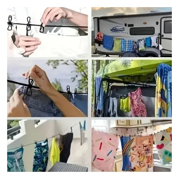 Buffer Taşınabilir Seyahat Çamaşır Ipi 12 Mandallı Klipsli Lastikli Çamaşır Mandalları - Görsel 4