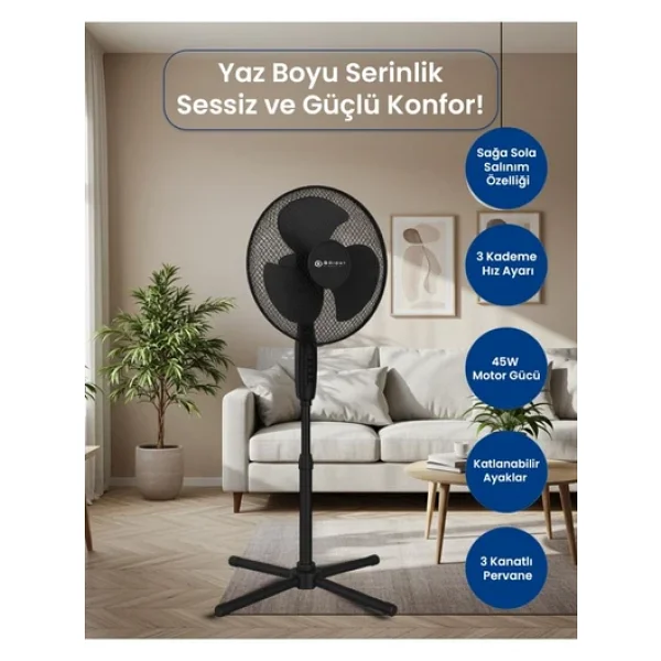 Bright Elegance BE-4116 16'' Katlanabilir Siyah Ayaklı Vantilatör - Görsel 5