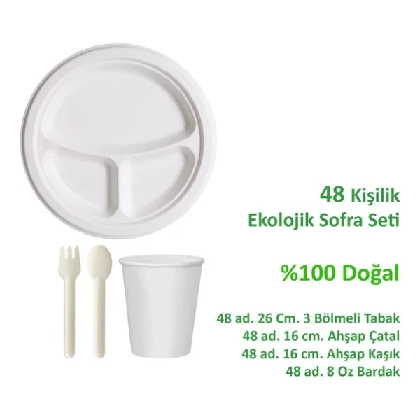 Ekolojik 26 Cm. 3 Bölmeli 48 Kişilik Parti Piknik Sofra Sunum Seti -Tabak Bardak Çatal Kaşık Takımı - Görsel 2