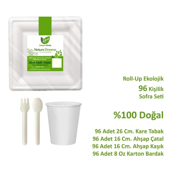 Ekolojik Kare 26 Cm. 96 Kişilik Parti Piknik Sofra Sunum Seti - Tabak Bardak Çatal Kaşık Takımı - Görsel 2