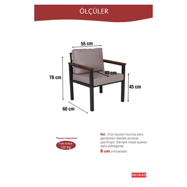 NEOKAS Bahce Mobilyası, Modern Balkon Mobilyası, Kafe Oturma Takımı, Teras Koltugu, 2 tekli Koltuk - Görsel 4