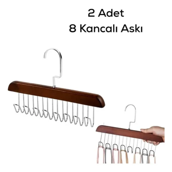 Mithra Life 2 Adet 8 Kancalı Kahverengi Ahşap Elbise Eşarp Kravat Kemer Çanta Askısı Mıt1220 - Görsel 2