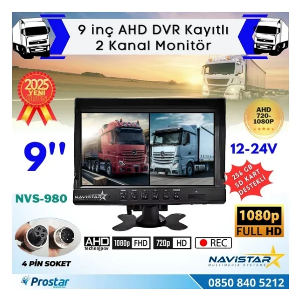 Kayıtlı 9 İnç İkiye Bölen 2 Kanal Split Ahd 1080P/720P Destekli 4 Pin 256 Gb Sd Destekli Monitör - Görsel 6