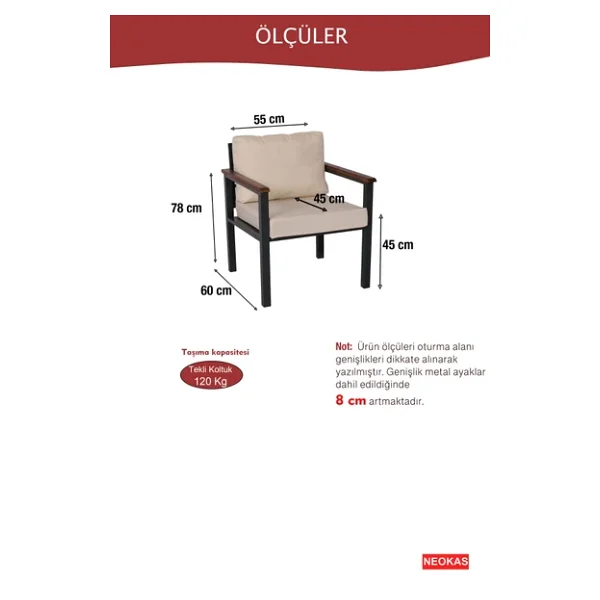 NEOKAS Balkon Mobilyası, Metal Oturma Grubu, Balkon Seti, Kafe Koltuğu, Teras Takımı, 2 Tekli Koltuk - Görsel 4