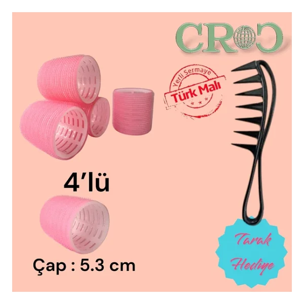 Croc 4Lü Büyük Boy Plastik Bigudi Pembe Cb23 - Cırtlı Yapışkanlı Saç Bigudisi - Görsel 7