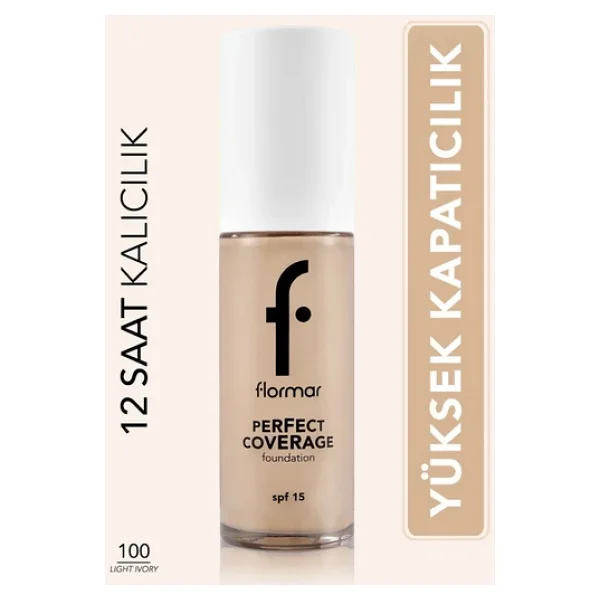 Flormar Perfect Coverage Yarı Parlak Bitişli SPF 15 100 Light Ivory 30 ml Likit Fondöten - Görsel 4