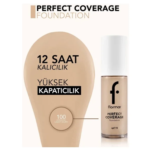 Flormar Perfect Coverage Yarı Parlak Bitişli SPF 15 100 Light Ivory 30 ml Likit Fondöten - Görsel 8