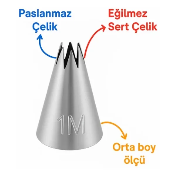 Kitchenify Krema Sıkma Torbası Ucu Paslanmaz Çelik 1M Açık Yıldız Orta Boy, Krema Duyu, Şanti Torbası Ucu, - Görsel 8