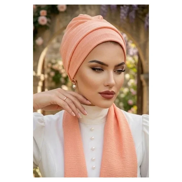 Aişe tesettür Somon Krinkıl Atkılı Bone - Görsel 2