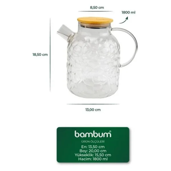 Bambum Juliet Bambu Kapaklı 1800 ml Cam Demlik - Görsel 7