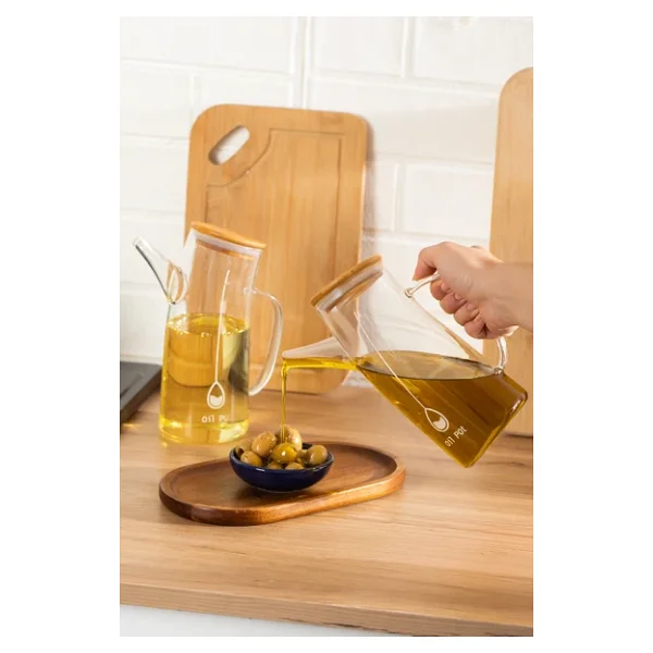 Porsima 2093 Bambu Kapaklı Vakumlu Borosilikat Cam Yağdanlık Yağlık Sirkelik 700ml - Görsel 2