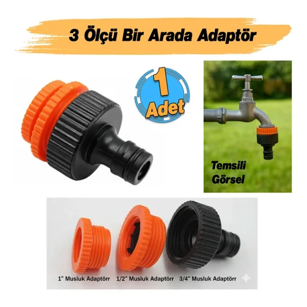 Adaptör 3 Farklı Ölçülü Hortum Bağlantı Aparatı Eki 1/2" - 3/4" - 1" Md306 Bahçe Hortum Ucu Plastik - Görsel 2