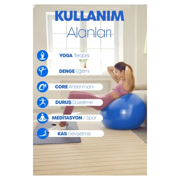 65 Cm Pilates Topu Ve Pompa Seti 155-170 Cm Boy İçin Uygun Dayanıklı Anti-Slip Mavi - Görsel 7