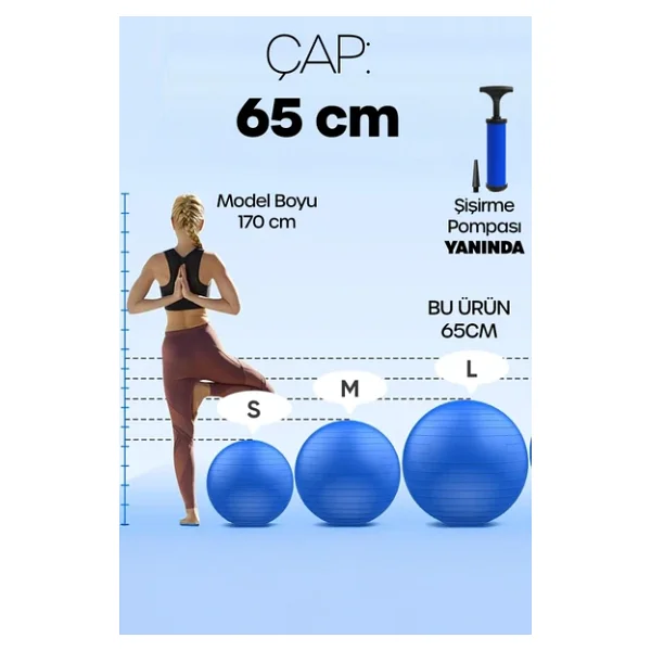 65 Cm Pilates Topu Ve Pompa Seti 155-170 Cm Boy İçin Uygun Dayanıklı Anti-Slip Mavi - Görsel 5