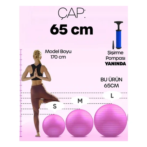 65 Cm Pilates Topu Ve Pompa Seti 155-170 Cm Boy İçin Uygun Dayanıklı Anti-Slip Pembe - Görsel 5