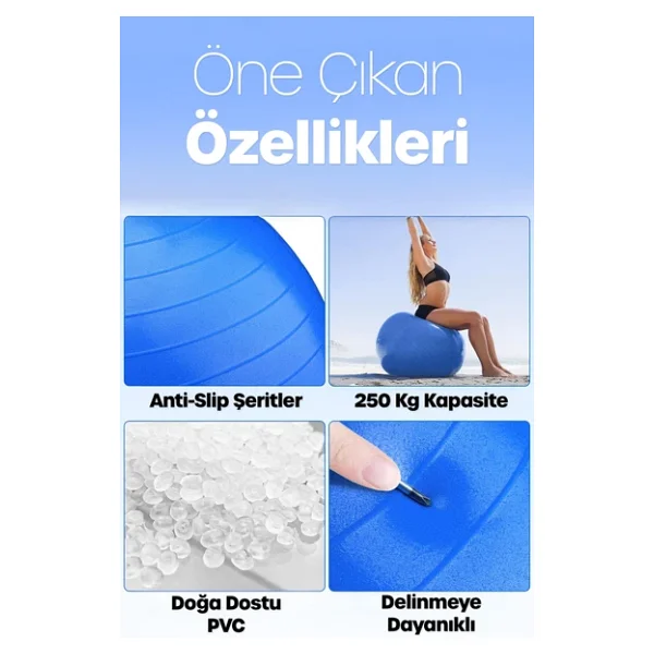 65 Cm Pilates Topu Ve Pompa Seti 155-170 Cm Boy İçin Uygun Dayanıklı Anti-Slip Mavi - Görsel 3