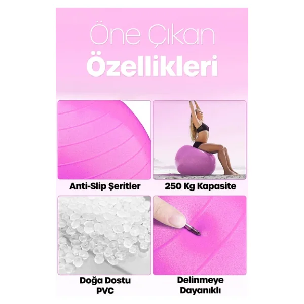 65 Cm Pilates Topu Ve Pompa Seti 155-170 Cm Boy İçin Uygun Dayanıklı Anti-Slip Pembe - Görsel 3