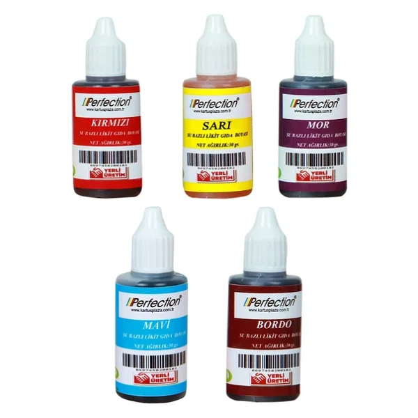 Perfection CHEF 5'li Sıvı Su Bazlı Likit Gıda Boyası Mor Sarı Kırmızı Mavi Bordo 5 X 30 gr . - Görsel 2