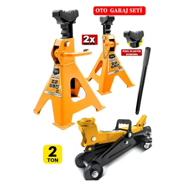 DEKO TURKEY 2Ton/2000Kg Kapasite Tekerlekli Arabalı Hidrolik Kriko + 2Ton x2Adet Taşıma Sehpa Tip Kriko Standı - Görsel 2