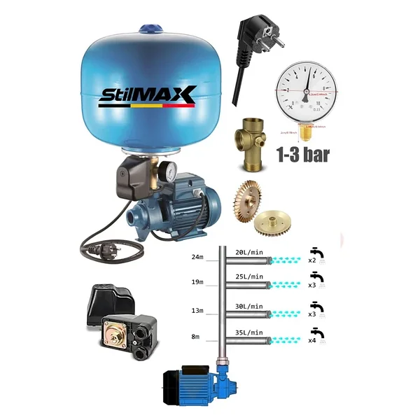STILMAX Bakır Sargılı 0.50hp Sus304 Paslanmaz Tank + 2 Kat 2 Daire Paket Hidrofor Otomatik Pompa Seti - Görsel 2