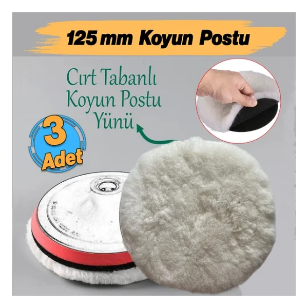 ( 3 Adet) Koyun Postu Pedi Ø 125 Mm Pasta Cila Polisaj Süngeri Cırt Tabanlı Kuzu Postu Yünü Keçesi Parlatma - Görsel 2