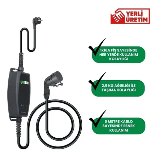 Viego Taşınabilir Elektrikli Araç Şarj Cihazı: 3,7kw Tip 2 16 Amper, 5 mt Şarj Kablosu, 220V Schuko Fiş - Görsel 4