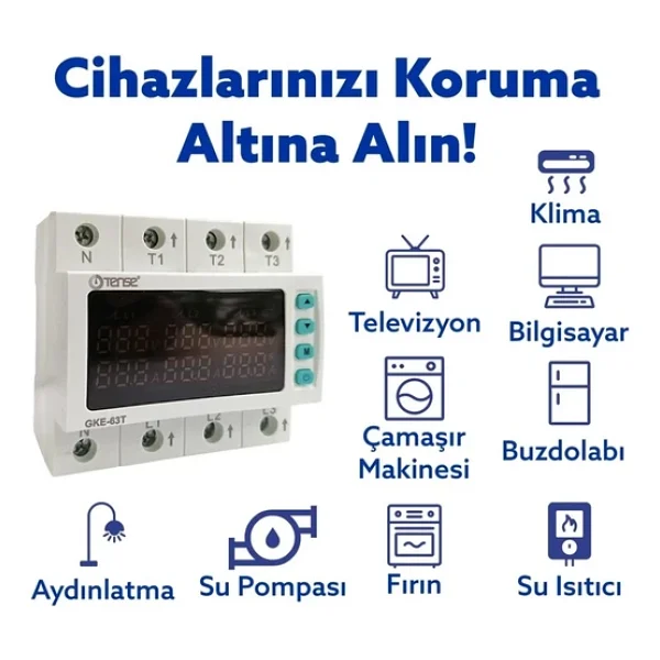 Tense Gke-63T Trifaze Gerilim Ve Akım Koruma Rölesi (63A) - Görsel 3