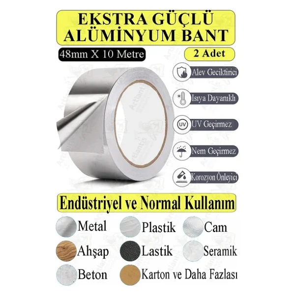Alüminyum Bant 10 Metre 2 Paket Aliminyum Folyo Yapışkanlı Band Aspiratör Soba Borusu Tamir Sıcaklığa Dayanıklı Yanmaz - Görsel 2