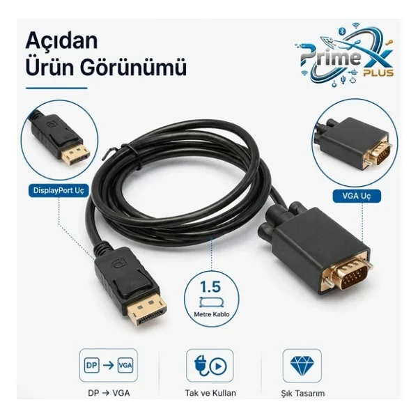 PrimeX PX-1256 1.5 m DisplayPort to VGA Dönüştürücü - Görsel 2