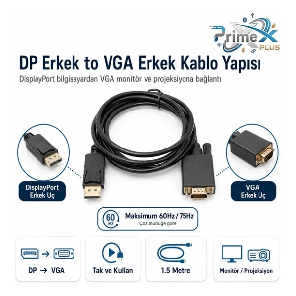 PrimeX PX-1256 1.5 m DisplayPort to VGA Dönüştürücü - Görsel 5