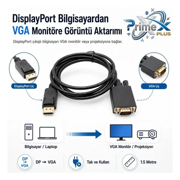 PrimeX PX-1256 1.5 m DisplayPort to VGA Dönüştürücü - Görsel 3