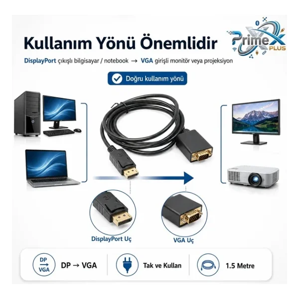 PrimeX PX-1256 1.5 m DisplayPort to VGA Dönüştürücü - Görsel 4