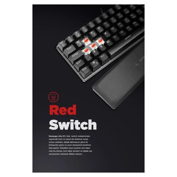 Rampage Klavye Oyuncu Klavyesi Kırmızı 12 Işık Modlu Red Switch Mekanik Antighosting Bilek Destekli Ally K11 - Görsel 2