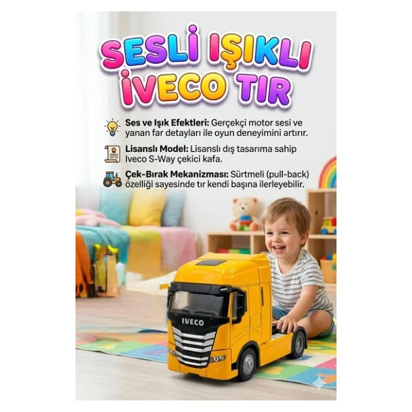 Işıklı Sesli Pilli Çek Bırak Metal Oyuncak Iveco Tır - Görsel 3
