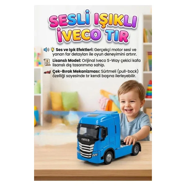 Işıklı Sesli Pilli Çek Bırak Metal Oyuncak Iveco Tır - Görsel 4