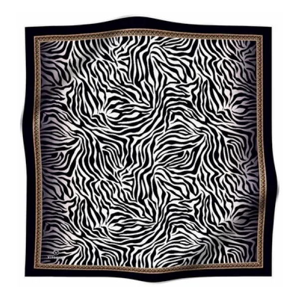 %100 Twill İpek Zebra Desenli Siyah - Krem Renkli 90x90 Eşarp Dikim Şekli : El Dikişi - Görsel 2