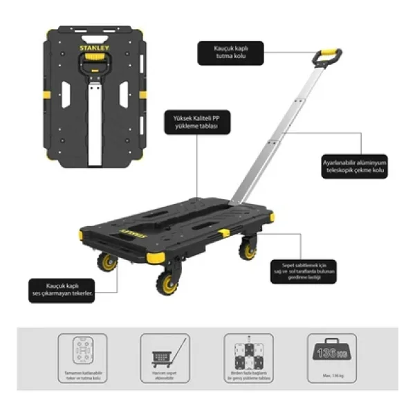 Stanley PC532 137 kg 62x45 cm Dört Tekerli Çekme Kollu Yük ve Paket Taşıma Arabası - Görsel 7