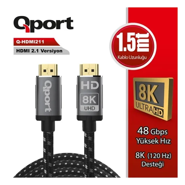 Qport Q-HDMI211 HDMI Kablo 1.5MT 2.1V 8K Altın Uçlu Örgülü - Görsel 5