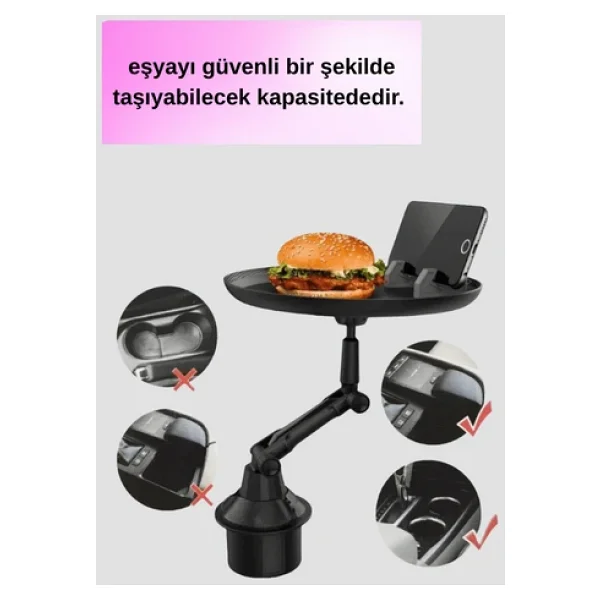 Araç İçi 360° Ayarlanabilir Bardaklık Tepsisi Geniş Yüzeyli Ve Telefon Standlı - Görsel 4