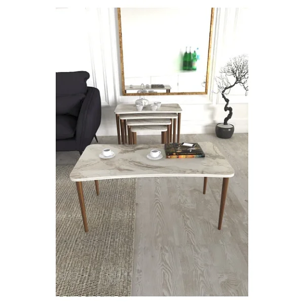 Zuesse Dizayn Aleyna 5li Orta Sehpa Ve Zigon Sehpa Ahşap Ayaklı Çay Kahve Sehpası Xl Salon Seti Beyaz Mermer - Görsel 2