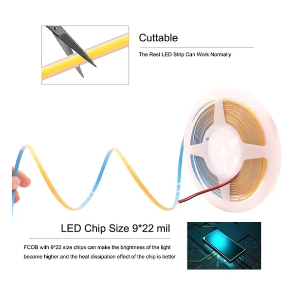 COB Led şerit 5metre 24V 480LED/m 6000K soğuk beyaz 10W 8mm IP20 aydınlatma ışık hortum kendinden yapışkanlı - Görsel 9