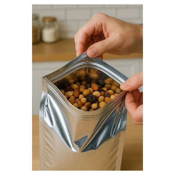 Kilitli Metalize Flat Bottom Kahve Kuruyemiş Bakliyat Kedi Kumu Yem Saklama Torbası 30x20cm 25li - Görsel 5