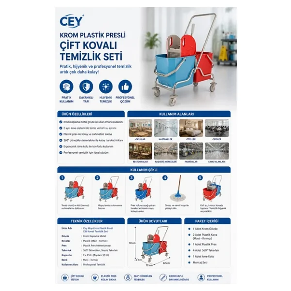 Ceymop Çift Kovalı Krom Temizlik Seti Plastik Presli - Görsel 3